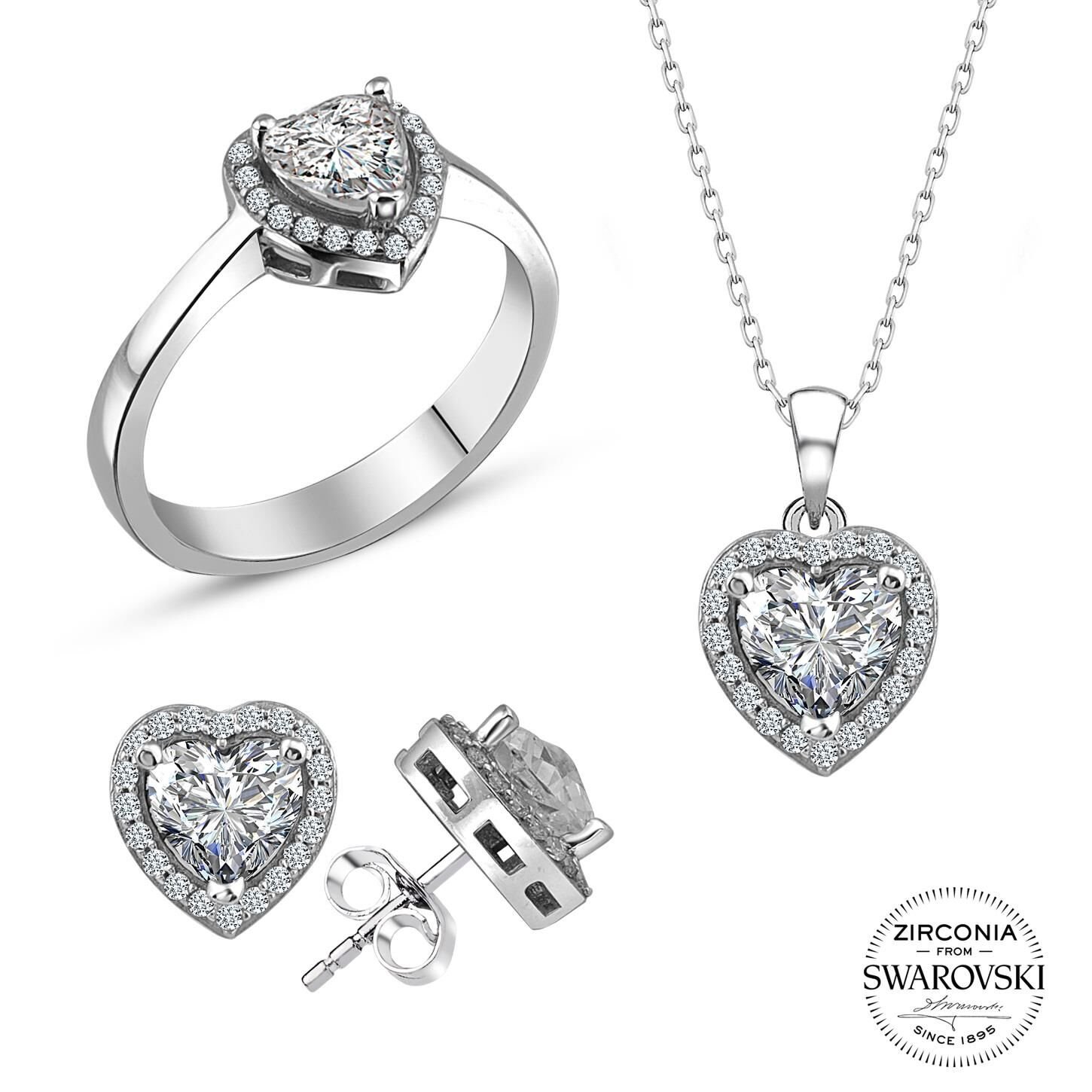 Gümüş Swarovski taşlı pırlanta modeli  kalp üçlü set SGTL20516SETA