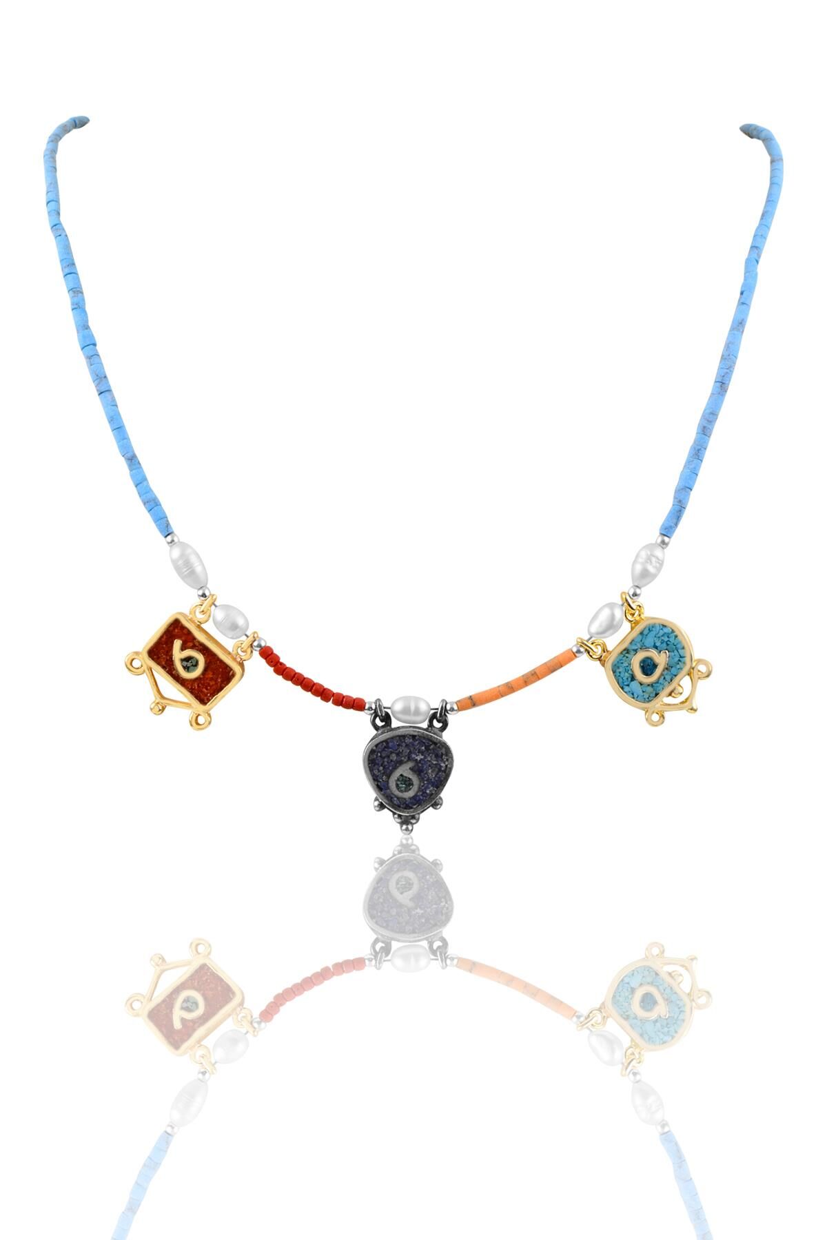 Gümüş 3 lü mozaik taşlı kolye SGTL9912