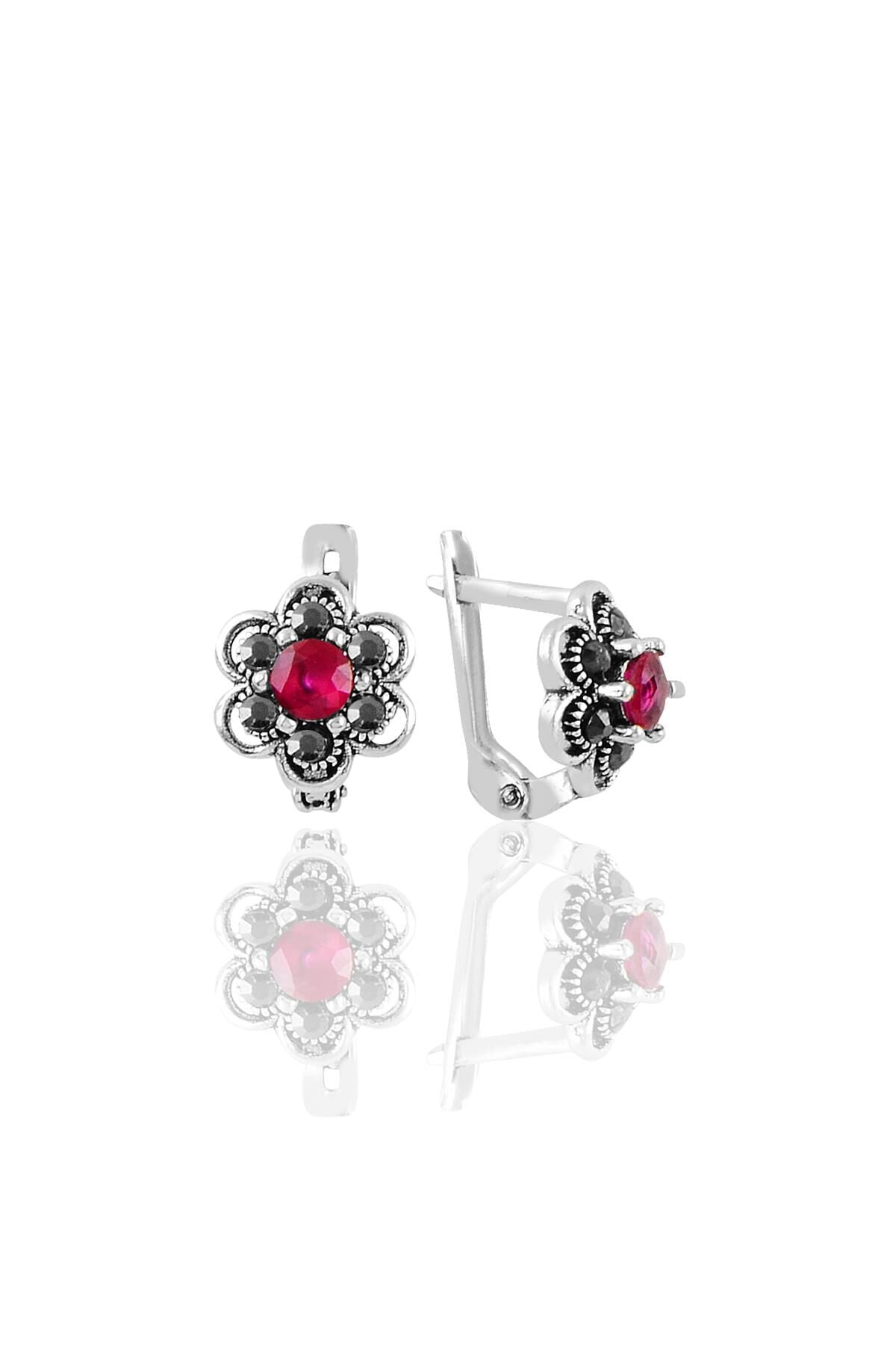 Gümüş  markazit ve kök yakut taşlı çiçek modeli küpe SGTL11238KIRMIZI