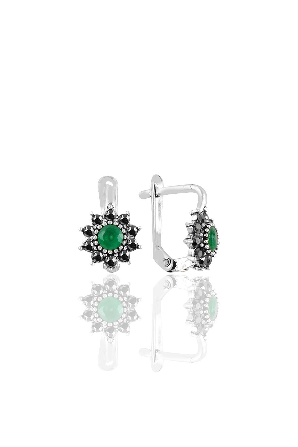 Gümüş  markazit ve kök zümrüt taşlı güneş modeli küpe SGTL11236YESIL