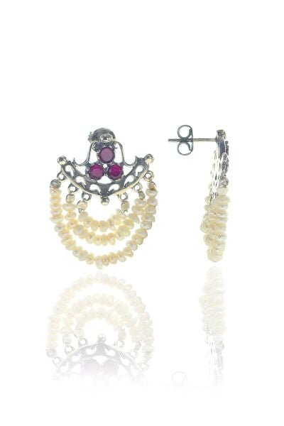 Gümüş Özel tasarım inci ve kök yakut  taşlı el işi küpe SGTL11307