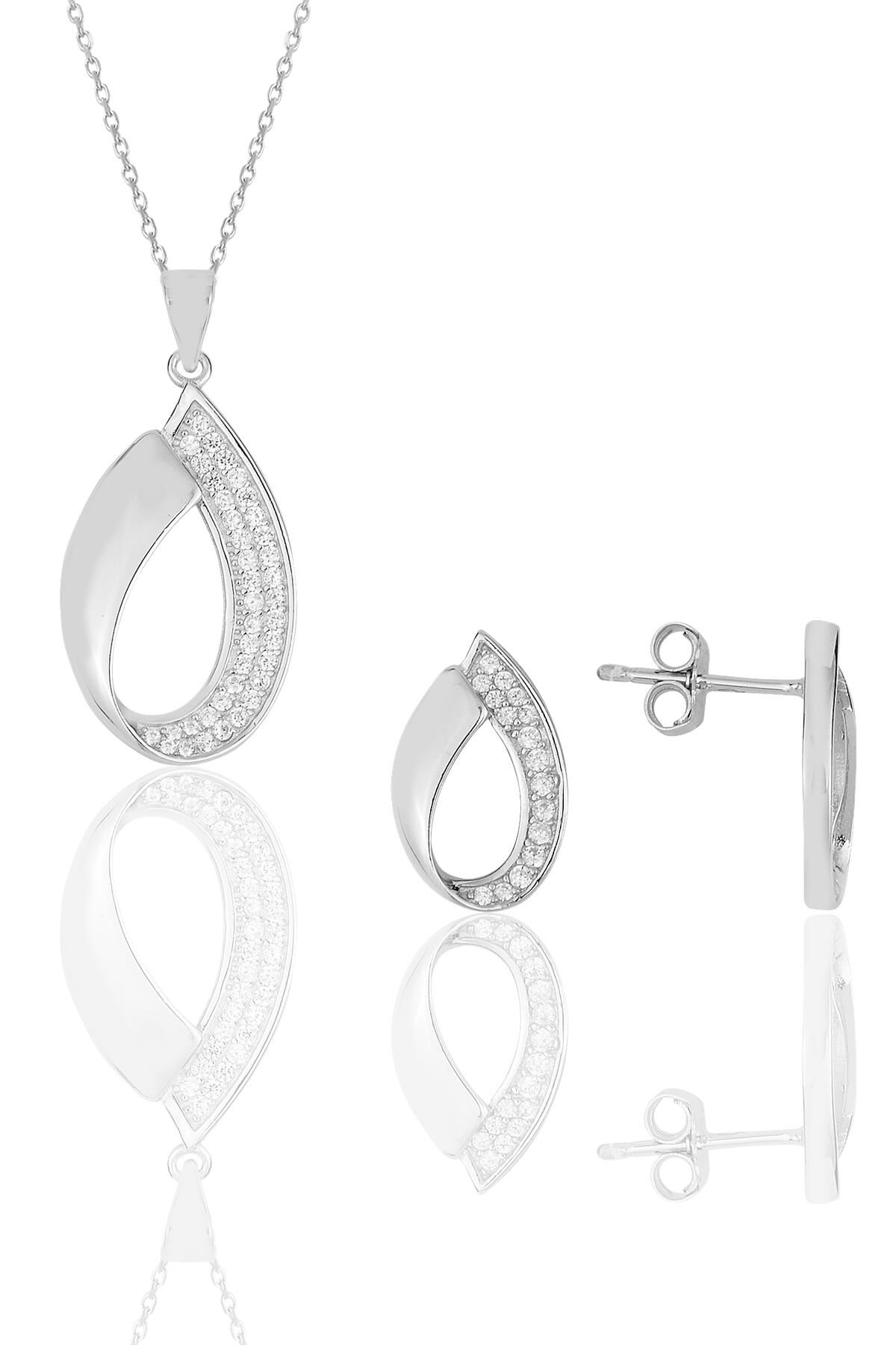 Gümüş rodyumlu zirkon taşlı damla kolye kupe ikili set.. SGTL11616SET