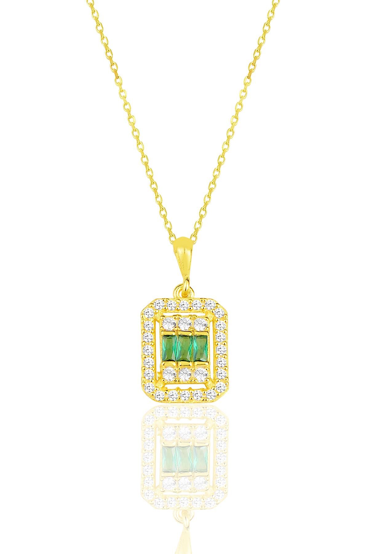 Gümüş  altın yaldızlı baget kesim kök zümrüt taşlı çizgili kolye SGTL11571YESIL