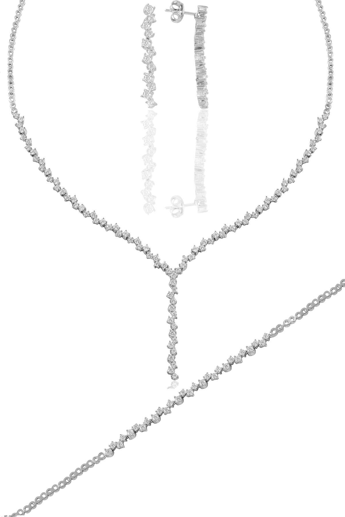 Gümüş beyaz altın rodyumlu pırlanta modeli zirkon taşlı sallantılı su yolu gümüş takım. SGTL11340