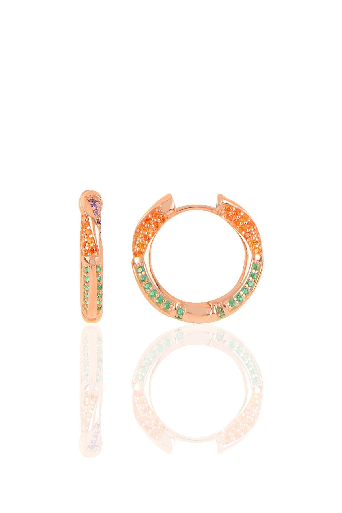 Gümüş rose renkli taşlı orta boy özel tasarım halka küpe SGTL10270ROSE