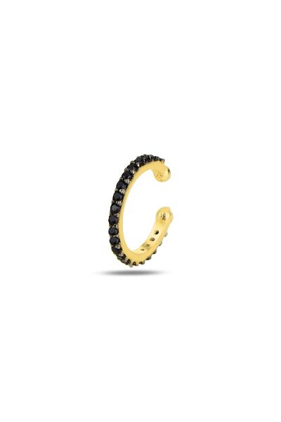 Gümüş altın yaldızlı siyah taşlı sıkıştırmalı kıkırdak küpe ear cuff SGTL11965GOLD