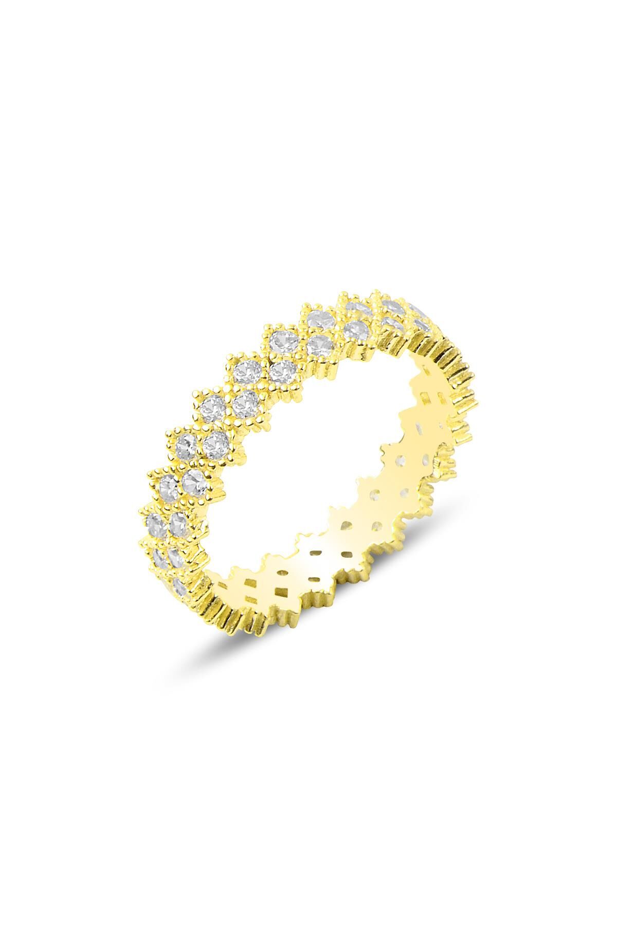 Gümüş altın yaldızlı zirkon taşlı çift sıra çapraz tamtur yüzük SGTL12118GOLD