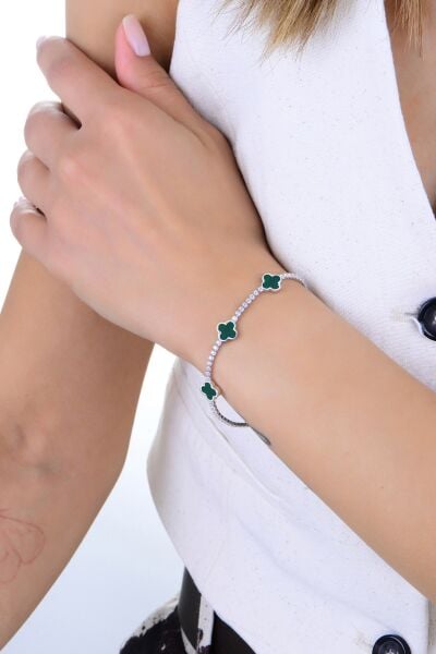 Gümüş rodyumlu malakit (malahit) ve zirkon taşlı yonca dizisi su yolu bileklik SGTL12913YESIL