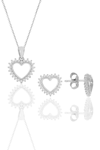 Gümüş rodyumlu zirkon taşlı kalp kolye kupe ikili set.. SGTL11617SET
