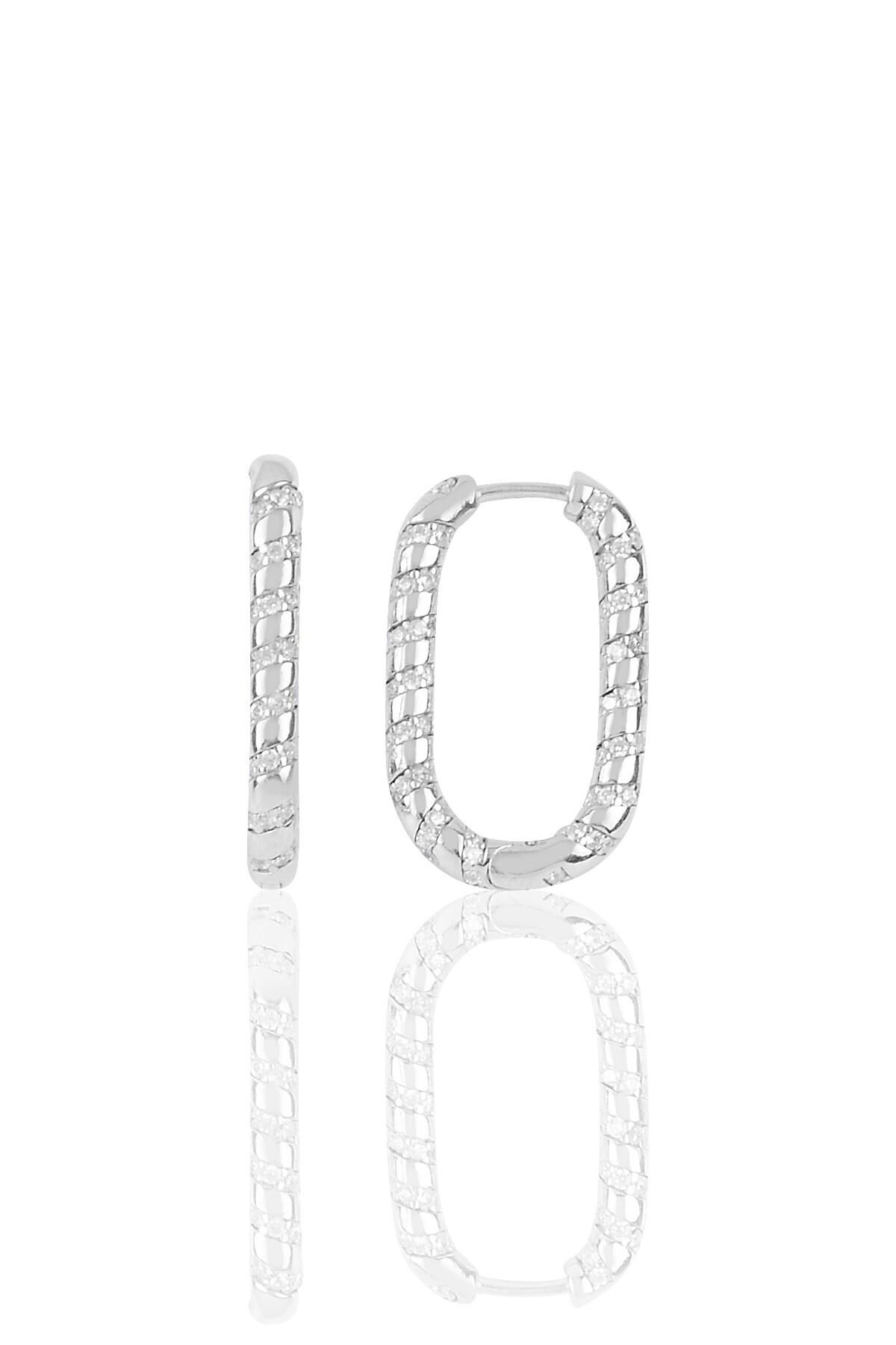 Gümüş rodyumlu zirkon taşlı özel tasarım oval küpe SGTL10271RDJ