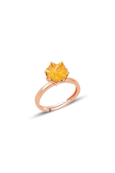 Gümüş Lotus çiçeği modeli kehribar renkli zirkon taşlı ayarlamalı yüzük SGTL10214YZK