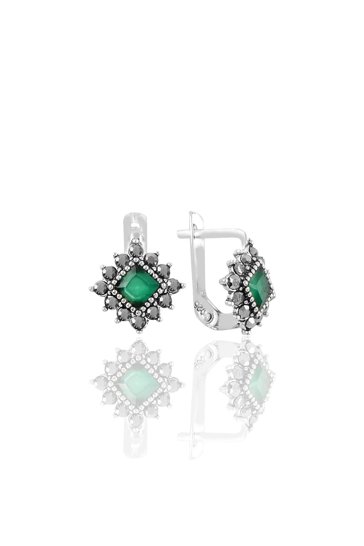 Gümüş  markazit ve kök zümrüt taşlı baklava modeli küpe SGTL11235YESIL
