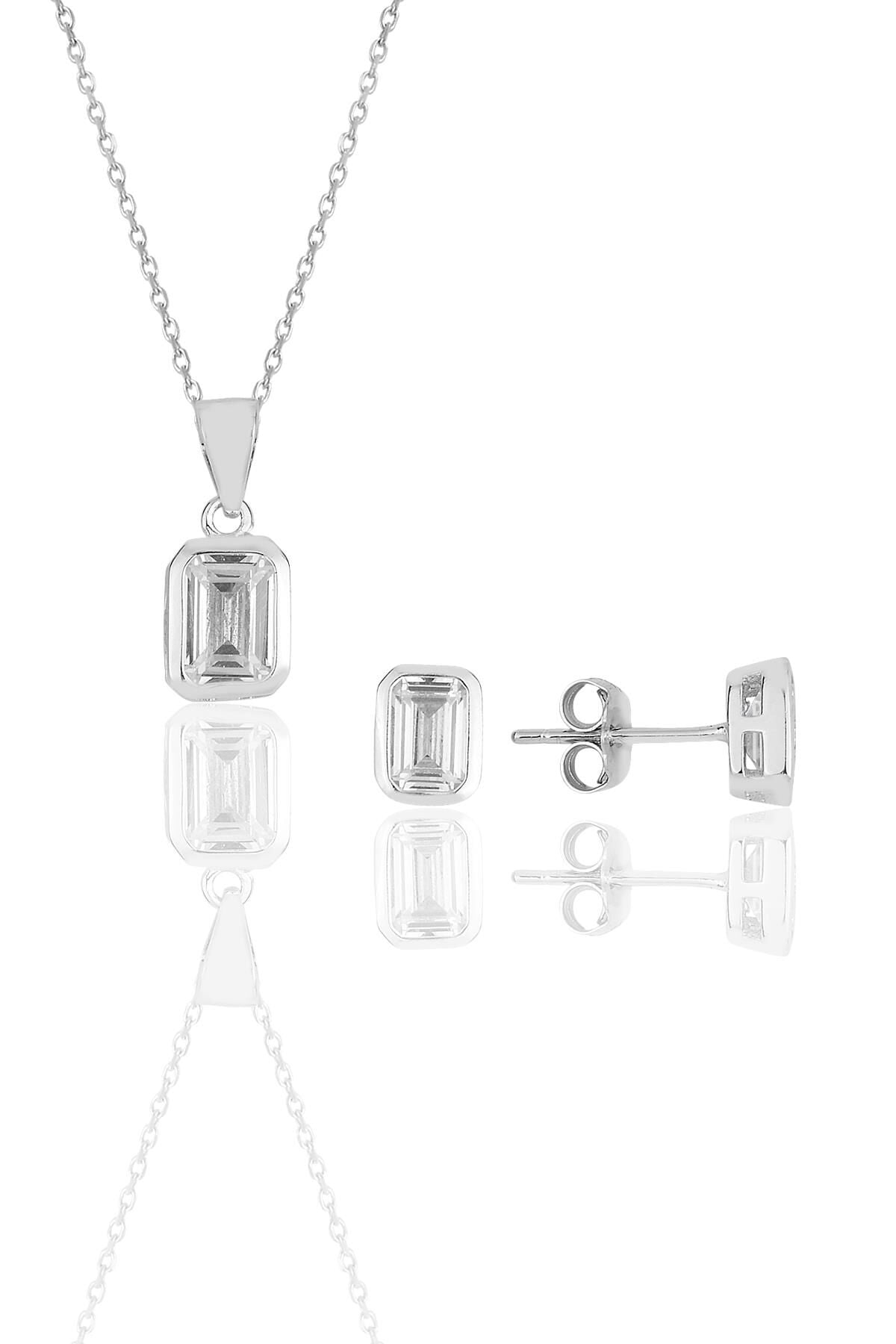 Gümüş rodyumlu baget kesim zirkon taşlı kolye kupe ikili set.. SGTL11618BAGET