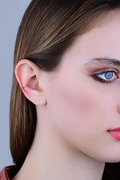 Gümüş rose renkli taşlı sıkıştırmalı kıkırdak küpe ear cuff SGTL11964ROSE