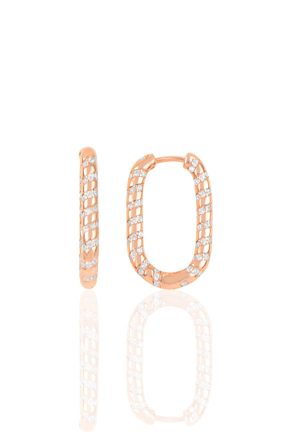 Gümüş rose  zirkon taşlı özel tasarım oval küpe SGTL10271ROSE