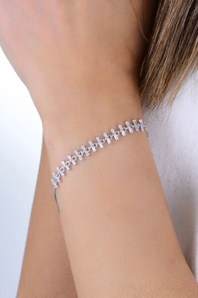 Gümüş rodyumlu baget kesim zirkon taşlı hareketli kırkayak model bileklik SGTL12914RODAJ