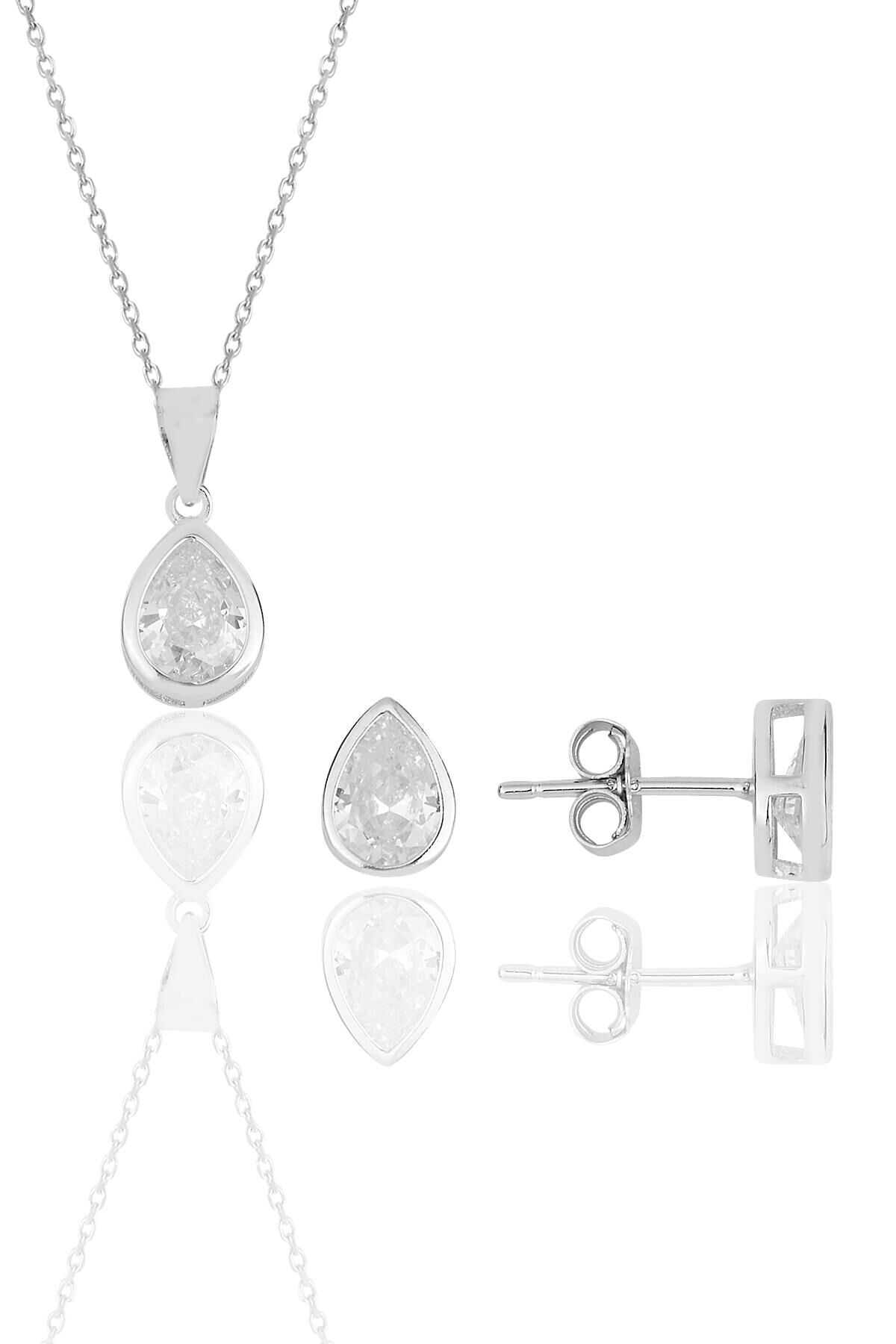 Gümüş rodyumlu damla kesim zirkon taşlı kolye kupe ikili set.. SGTL11618DAMLA