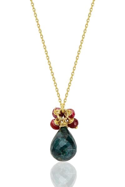 Gümüş altın yaldılzı kök zümrüt ve kök yakut doğal taşlı damla kolye SGTL12726YESIL