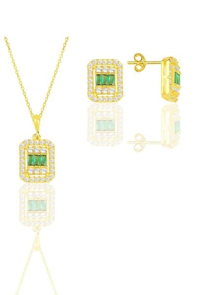 Gümüş  altın yaldızlı baget kesim kök zümrüt taşlı çizgili ikili set SGTL11570YESIL