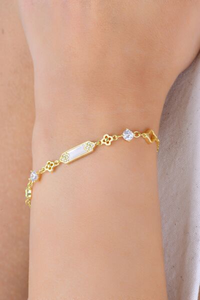 Gümüş altın yaldızlı ortası sedef ve zirkon taşlı yonca modeli flora bileklik SGTL12915GOLD