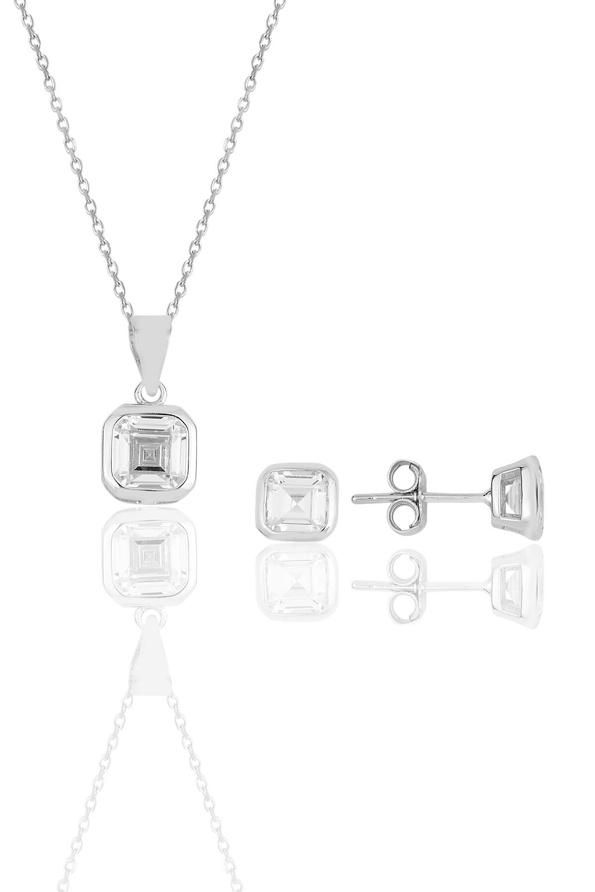 Gümüş rodyumlu kare kesim zirkon taşlı kolye kupe ikili set.. SGTL11618KARE