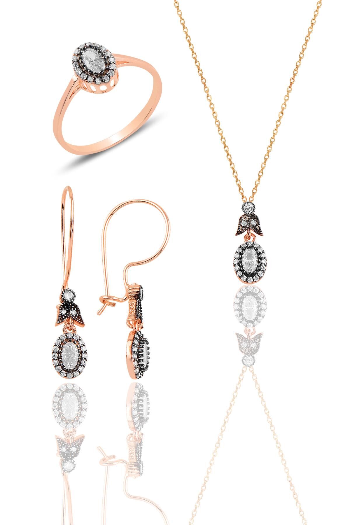 Gümüş rose elmas montürlü oval üçlü set… SGTL10628ROSE