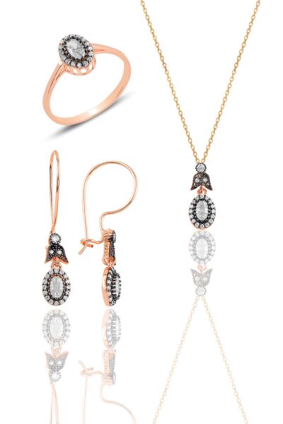 Gümüş rose elmas montürlü oval üçlü set… SGTL10628ROSE