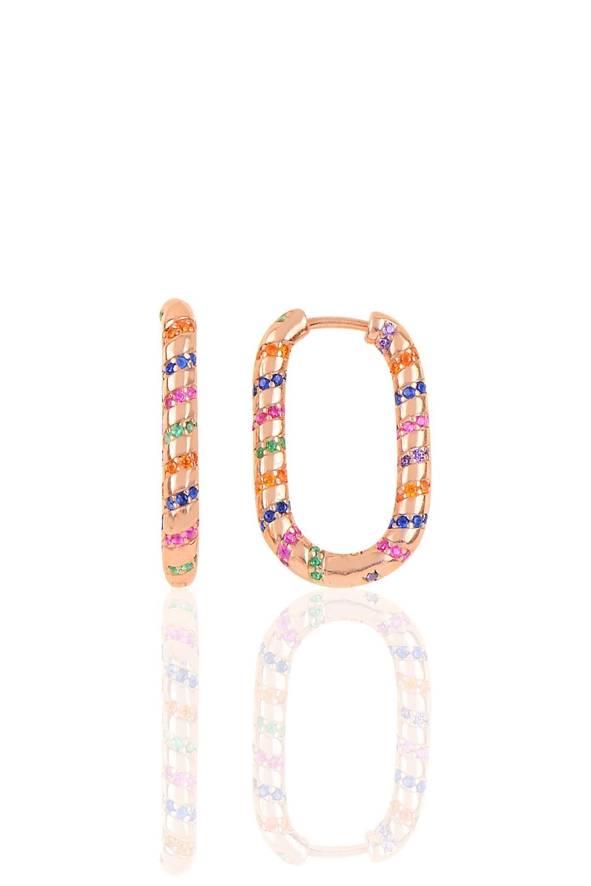 Gümüş rose renkli  zirkon taşlı özel tasarım oval küpe SGTL10272ROSE