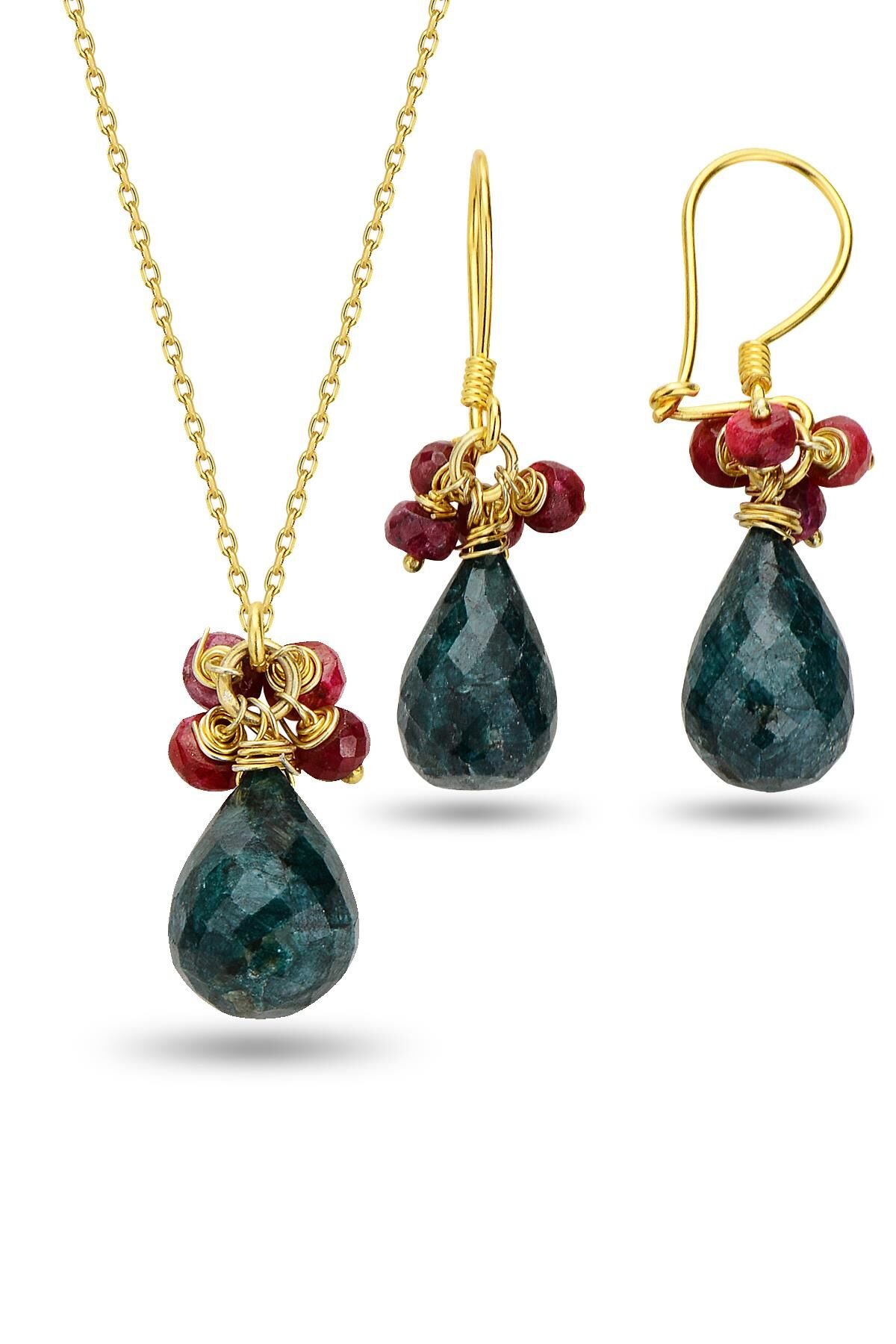 Gümüş altın yaldılzı kök zümrüt ve kök yakut doğal taşlı damla ikili set SGTL12727YESIL