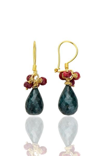 Gümüş altın yaldılzı kök zümrüt ve kök yakut doğal taşlı damla ikili set SGTL12727YESIL