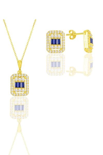 Gümüş  altın yaldızlı baget kesim safir taşlı çizgili ikili set SGTL11570LACIVERT
