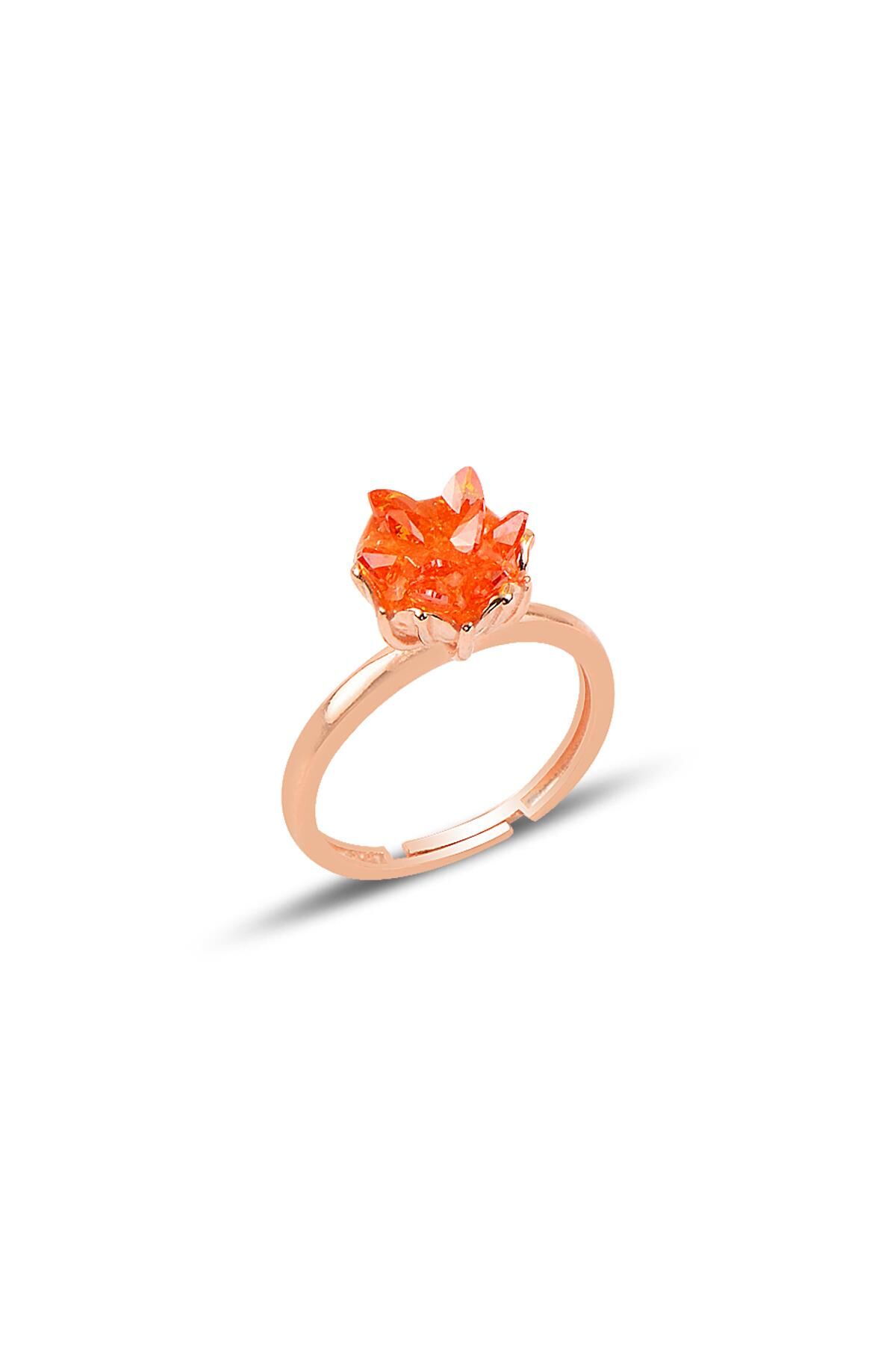 Gümüş Lotus çiçeği modeli turuncu renkli zirkon taşlı ayarlamalı yüzük SGTL10215YZK