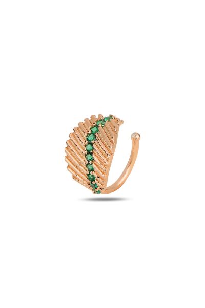 Gümüş rose yeşil taşlı yaprak modeli sıkıştırmalı kıkırdak küpe  ear cuff SGTL11963YESIL