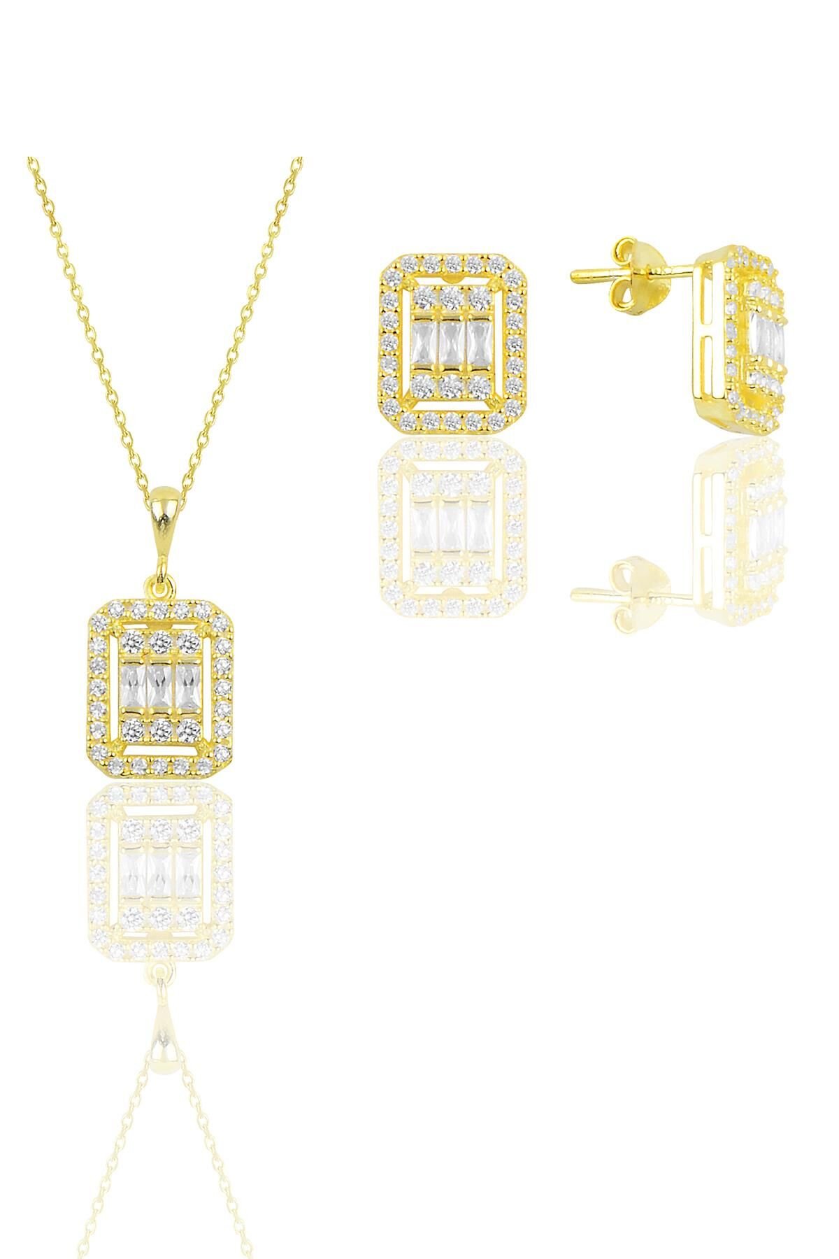 Gümüş  altın yaldızlı baget kesim zirkon taşlı çizgili ikili set SGTL11570BEYAZ