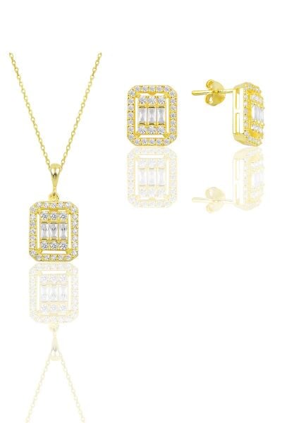 Gümüş  altın yaldızlı baget kesim zirkon taşlı çizgili ikili set SGTL11570BEYAZ