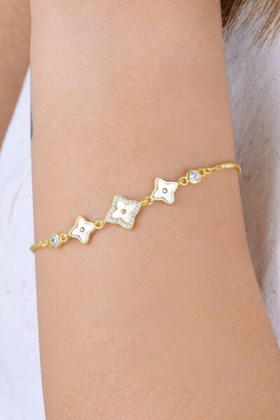 Gümüş altın yaldızlı sedef ve zirkon taşlı tria şans yıldızı yonca bileklik SGTL12916GOLD