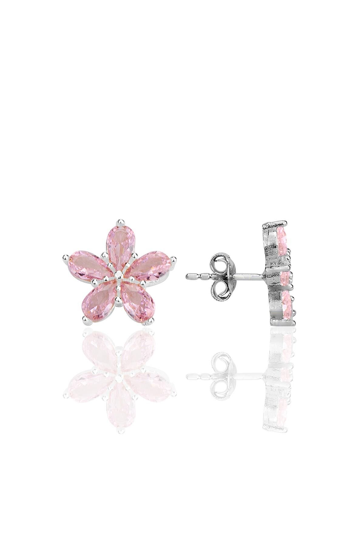 Gümüş rodyumlu damla kesim pembe zirkon taşlı çiçek küpe SGTL12341PEMBE