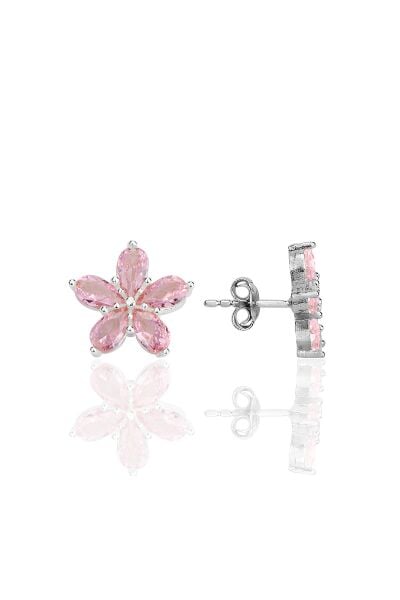 Gümüş rodyumlu damla kesim pembe zirkon taşlı çiçek küpe SGTL12341PEMBE