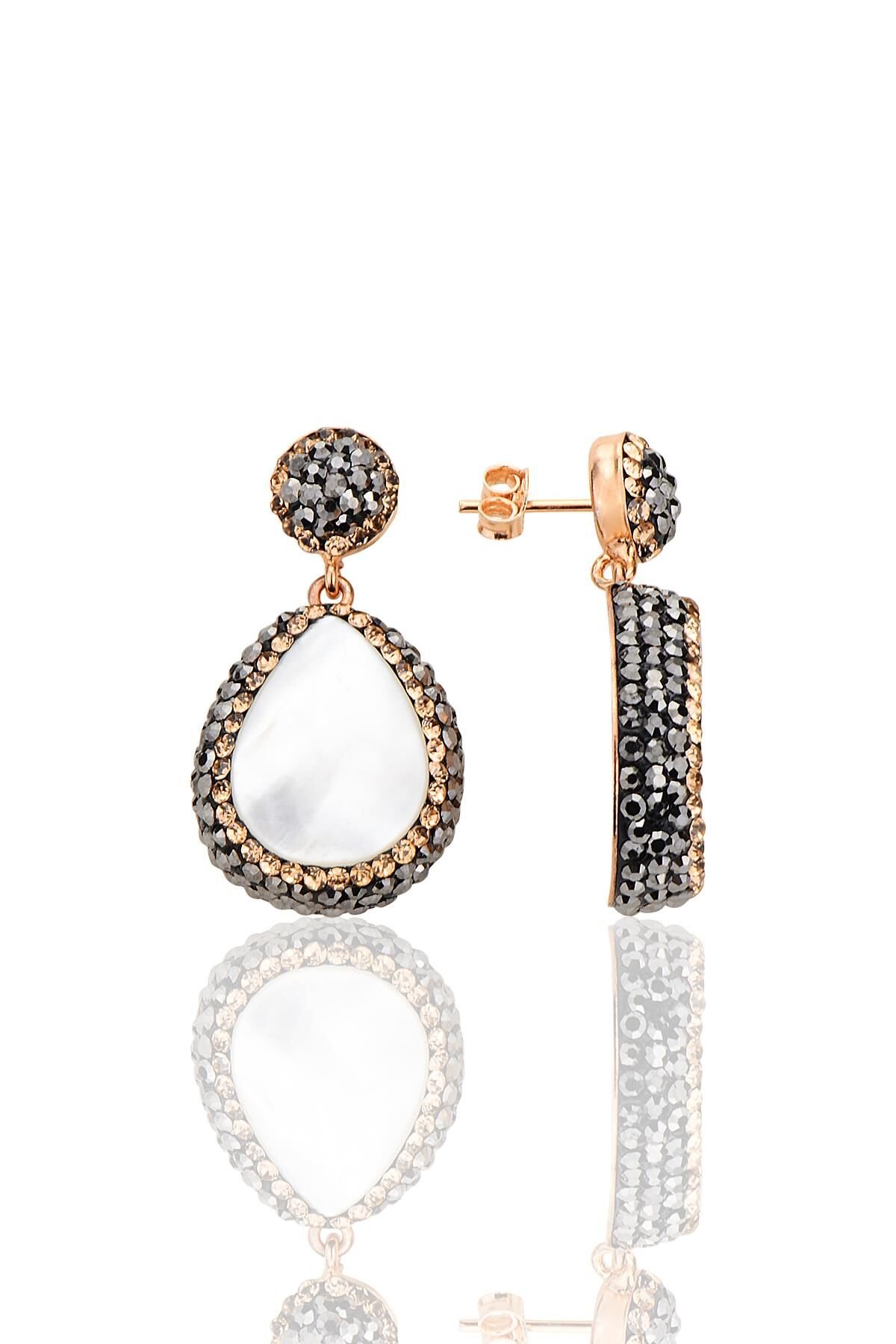 Gümüş rose inci ve zirkon taş ile bezenmiş damla modeli küpe SGTL12728BEYAZ