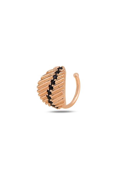 Gümüş rose siyah taşlı yaprak modeli sıkıştırmalı kıkırdak küpe  ear cuff SGTL11963SIYAH