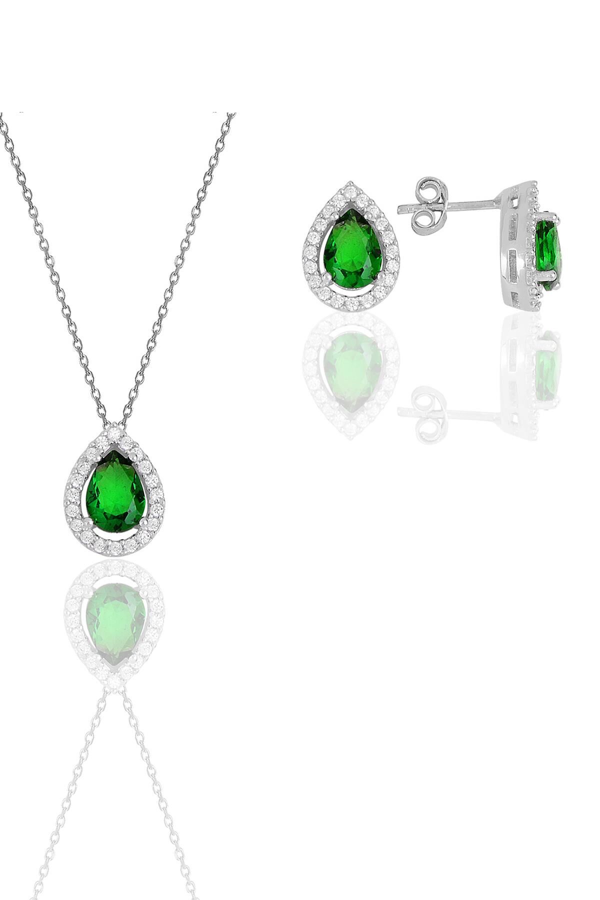 Gümüş beyaz altın rodyumlu kök zümrüt taşlı damla modeli ikili set SGTL11569YESIL