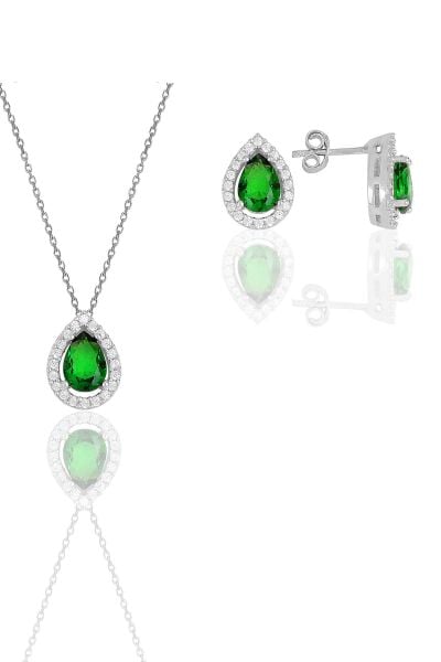 Gümüş beyaz altın rodyumlu kök zümrüt taşlı damla modeli ikili set SGTL11569YESIL