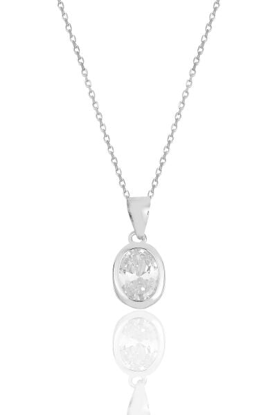Gümüş rodyumlu oval kesim zirkon taşlı kolye  SGTL11619OVAL