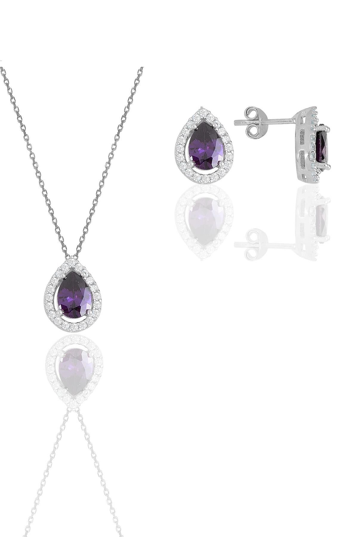 Gümüş beyaz altın rodyumlu ametis taşlı damla modeli ikili set SGTL11569MOR