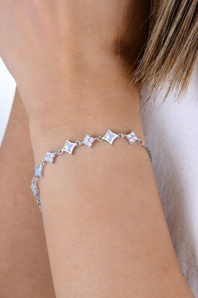 Gümüş rodyumlu sedef ve zirkon taşlı yonca demeti şans bileklik SGTL12917RODAJ