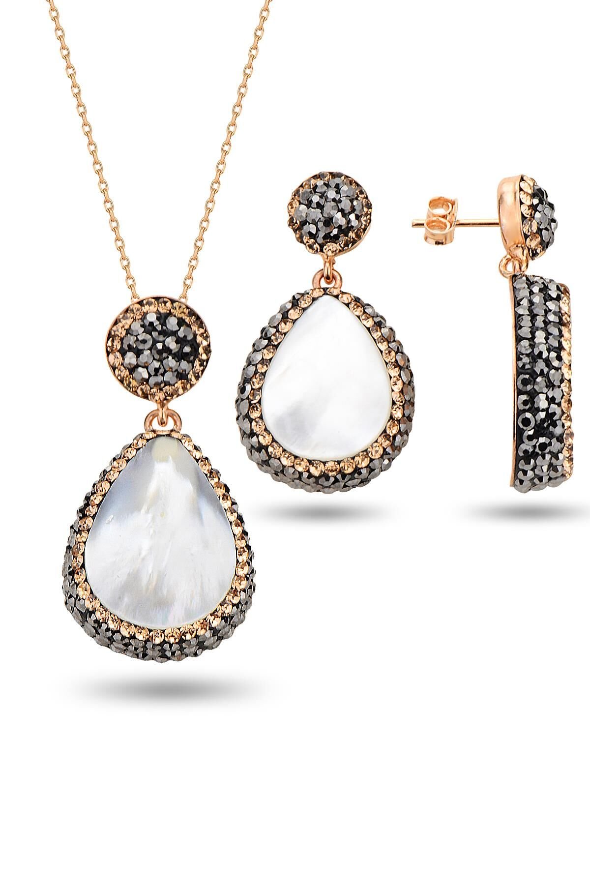 Gümüş rose inci ve zirkon taş ile bezenmiş damla modeli kolye ve küpe ikili set SGTL12730BEYAZ