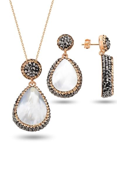 Gümüş rose inci ve zirkon taş ile bezenmiş damla modeli kolye ve küpe ikili set SGTL12730BEYAZ