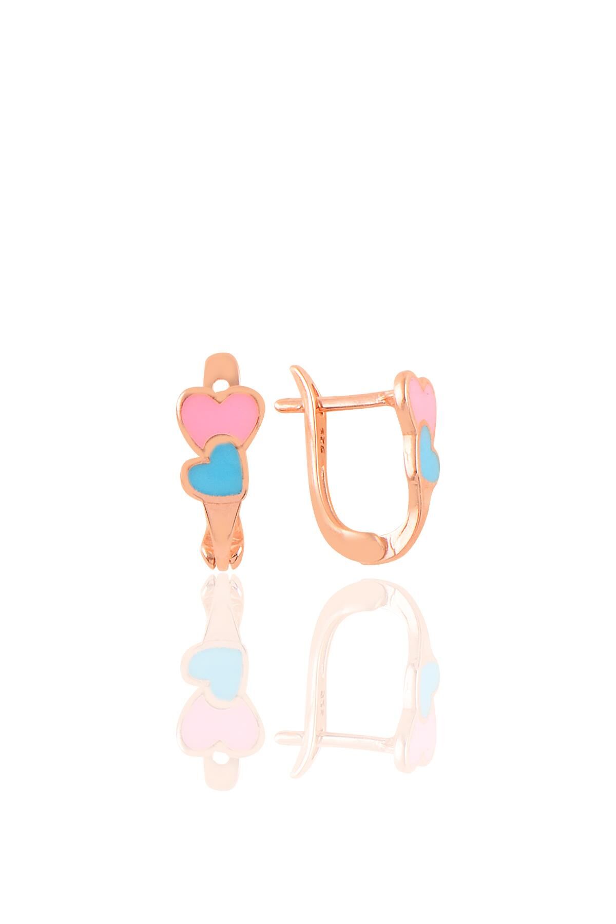 Gümüş rose mavi ve pembe mineli birleşen kalpler küpe SGTL11231ROSE