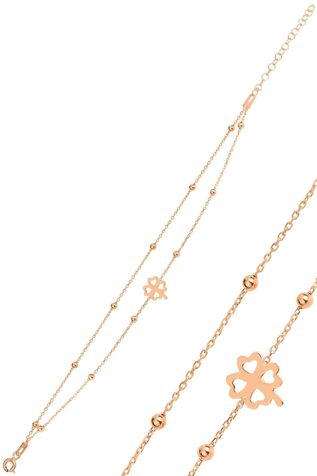 Gümüş rose top top çift zincirli yonca bileklik SGTL11867ROSE