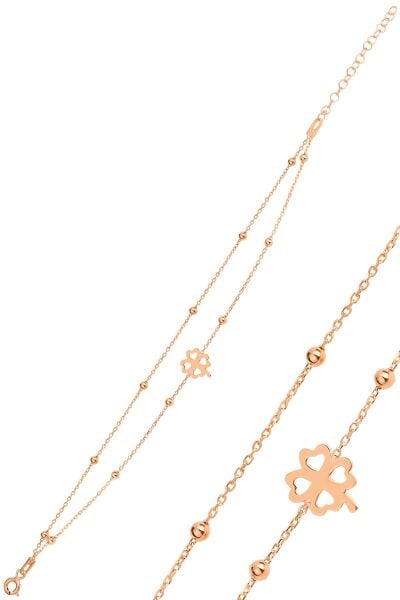 Gümüş rose top top çift zincirli yonca bileklik SGTL11867ROSE